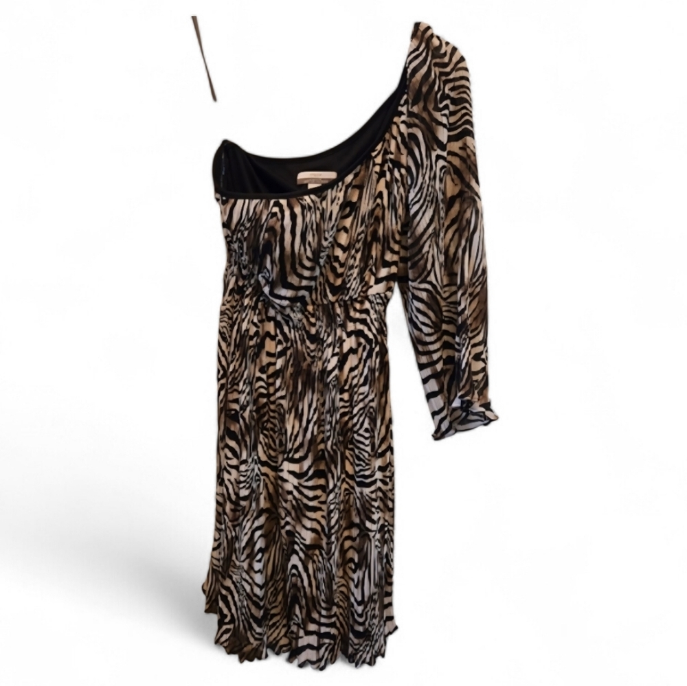 Boston Proper Women's Asymmetrical One Shoulder Black and Brown Animal Dress